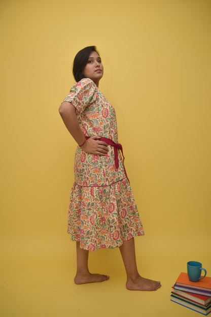 Aarunya – Cream Sanganeri Floral Belted Midi Dress with Crochet Fabric Buttons