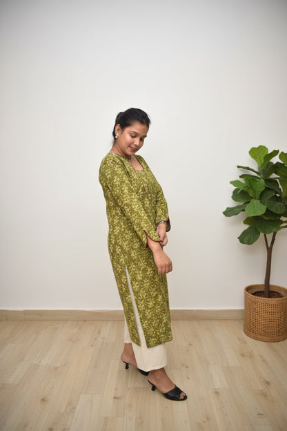 Vanaashi – Olive Dabu Block Kurta with Asymmetric Neckline