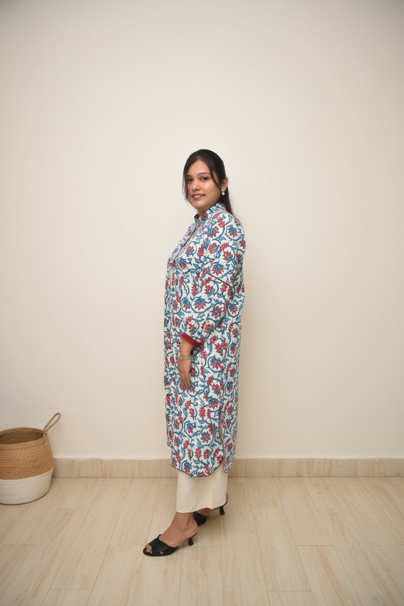 Pushpika – White Kurta with Red-Blue Mughal Floral Print & Balloon Sleeves