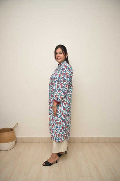 Pushpika – White Kurta with Red-Blue Mughal Floral Print & Balloon Sleeves
