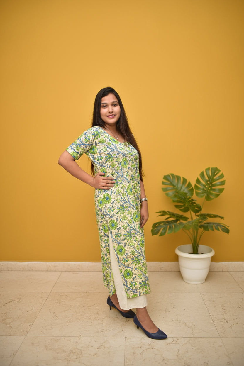 Avni – Pistachio Green Sanganeri Kurta with Fabric Button Placket & Front Slit