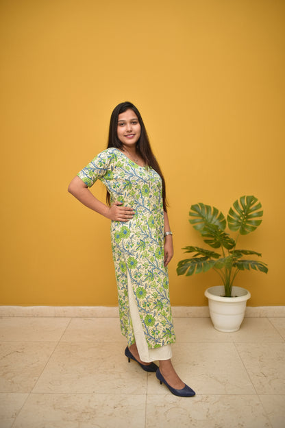 Avni – Pistachio Green Sanganeri Kurta with Fabric Button Placket & Front Slit