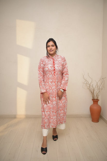 Tavisha – Orange Floral Straight Kurta with Mandarin Collar