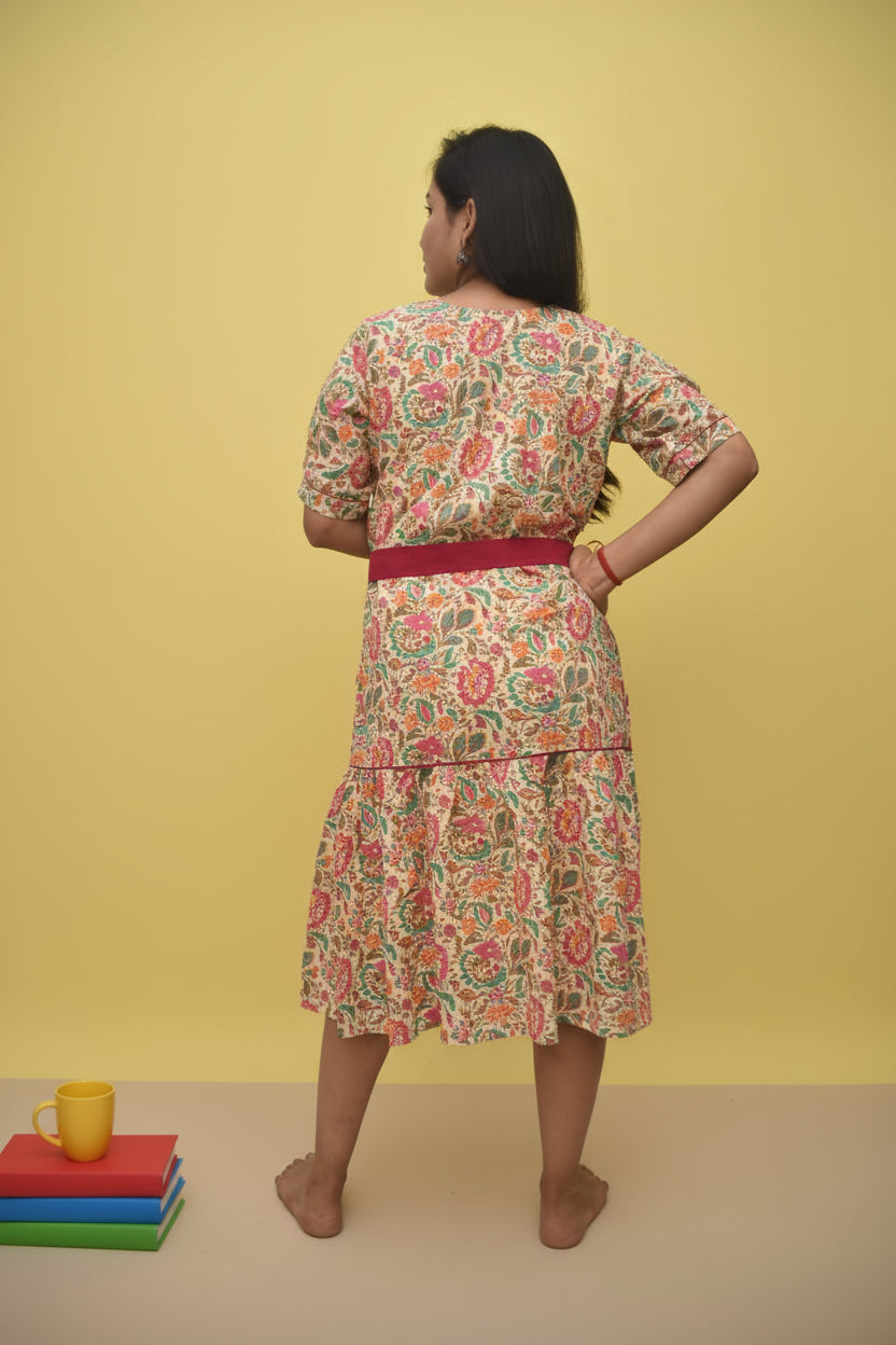 Aarunya – Cream Sanganeri Floral Belted Midi Dress with Crochet Fabric Buttons