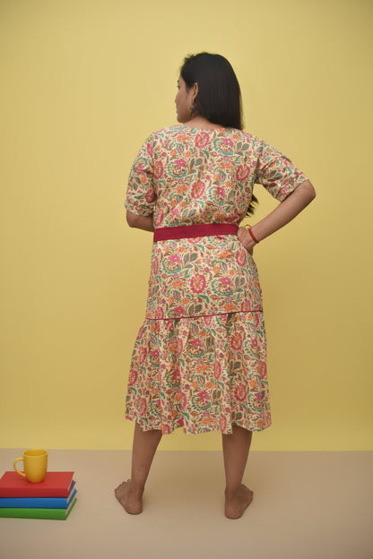 Aarunya – Cream Sanganeri Floral Belted Midi Dress with Crochet Fabric Buttons