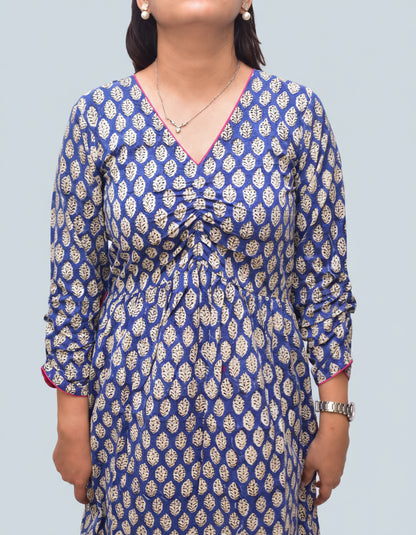Neel Tara – Royal Blue Sanganeri Ruched Empire Kurta