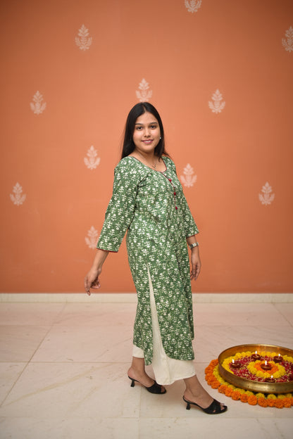Gulmohar – Moss Green Dabu Handblock Kurta with Contrast Button Detailing