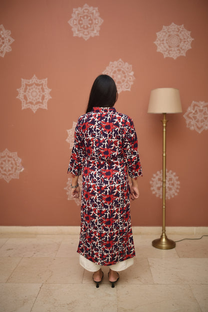 Neelima – Maroon Dabu Kurta with White Floral Vines & Deep Purple Sleeve Accents