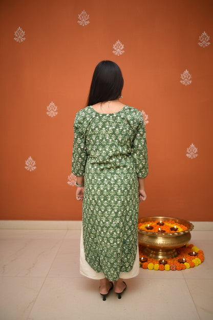 Gulmohar – Moss Green Dabu Handblock Kurta with Contrast Button Detailing