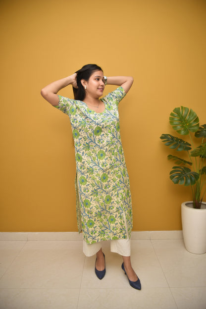 Avni – Pistachio Green Sanganeri Kurta with Fabric Button Placket & Front Slit