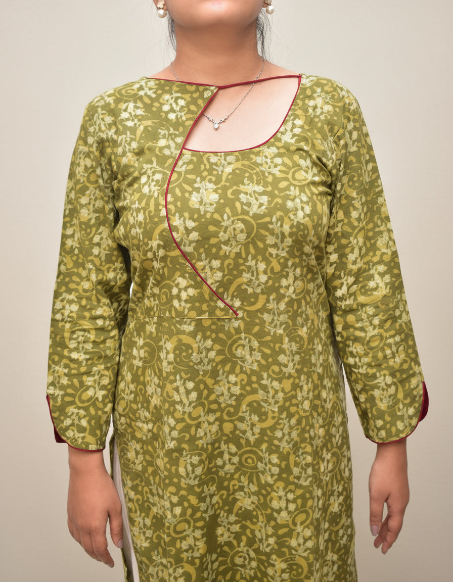 Vanaashi – Olive Dabu Block Kurta with Asymmetric Neckline