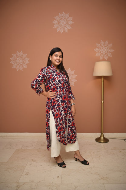 Neelima – Maroon Dabu Kurta with White Floral Vines & Deep Purple Sleeve Accents