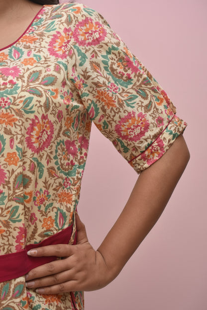 Aarunya – Cream Sanganeri Floral Belted Midi Dress with Crochet Fabric Buttons