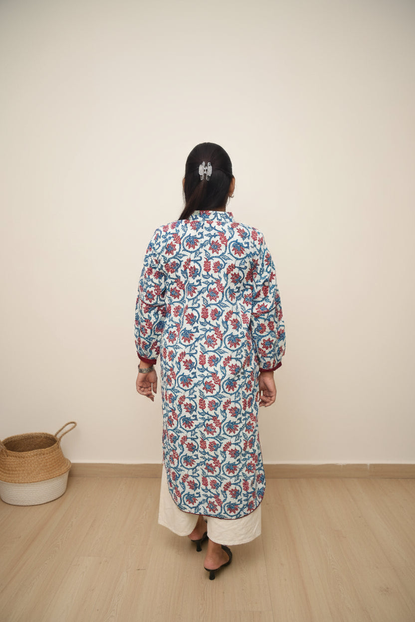 Pushpika – White Kurta with Red-Blue Mughal Floral Print & Balloon Sleeves