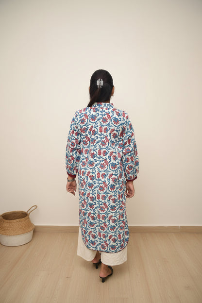 Pushpika – White Kurta with Red-Blue Mughal Floral Print & Balloon Sleeves