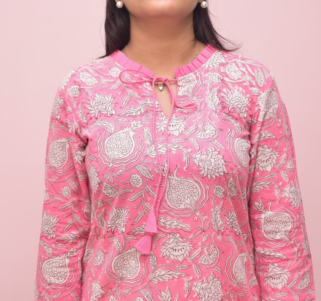 Amalya – Rose Pink Kurta with Mughal Floral Vines & Pleated Keyhole Neck