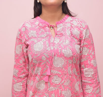 Amalya – Rose Pink Kurta with Mughal Floral Vines & Pleated Keyhole Neck