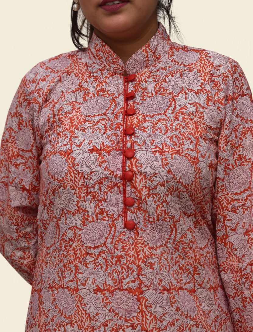 Tavisha – Orange Floral Straight Kurta with Mandarin Collar