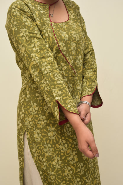 Vanaashi – Olive Dabu Block Kurta with Asymmetric Neckline