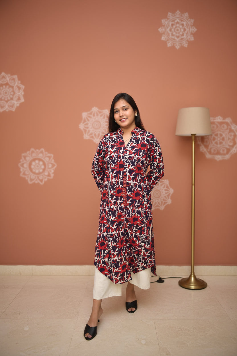 Neelima – Maroon Dabu Kurta with White Floral Vines & Deep Purple Sleeve Accents