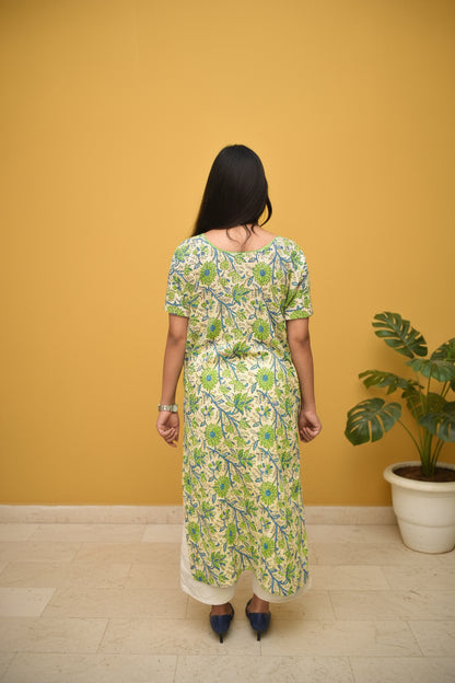 Avni – Pistachio Green Sanganeri Kurta with Fabric Button Placket & Front Slit