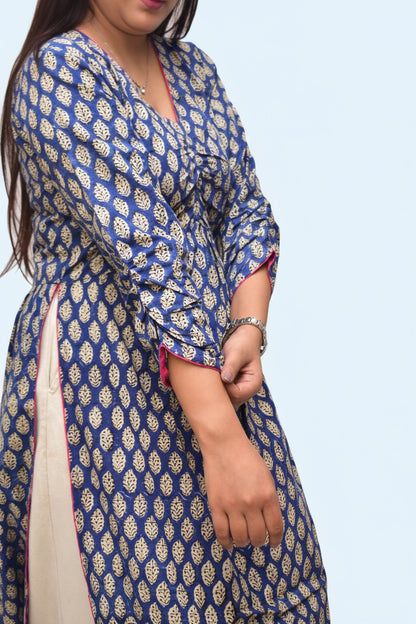 Neel Tara – Royal Blue Sanganeri Ruched Empire Kurta