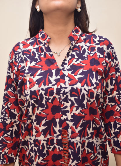 Neelima – Maroon Dabu Kurta with White Floral Vines & Deep Purple Sleeve Accents