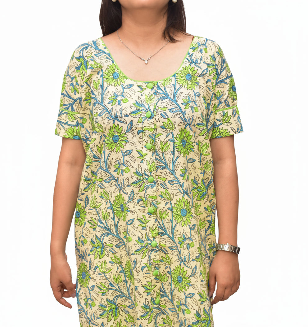 Avni – Pistachio Green Sanganeri Kurta with Fabric Button Placket & Front Slit