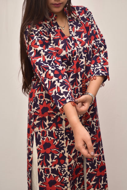 Neelima – Maroon Dabu Kurta with White Floral Vines & Deep Purple Sleeve Accents