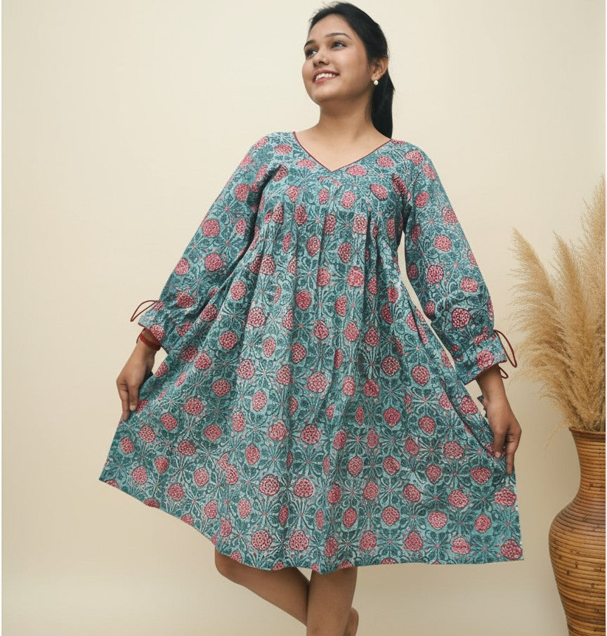 Pushpika – Teal Floral Handblock Pleated Dress