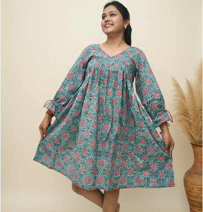 Pushpika – Teal Floral Handblock Pleated Dress