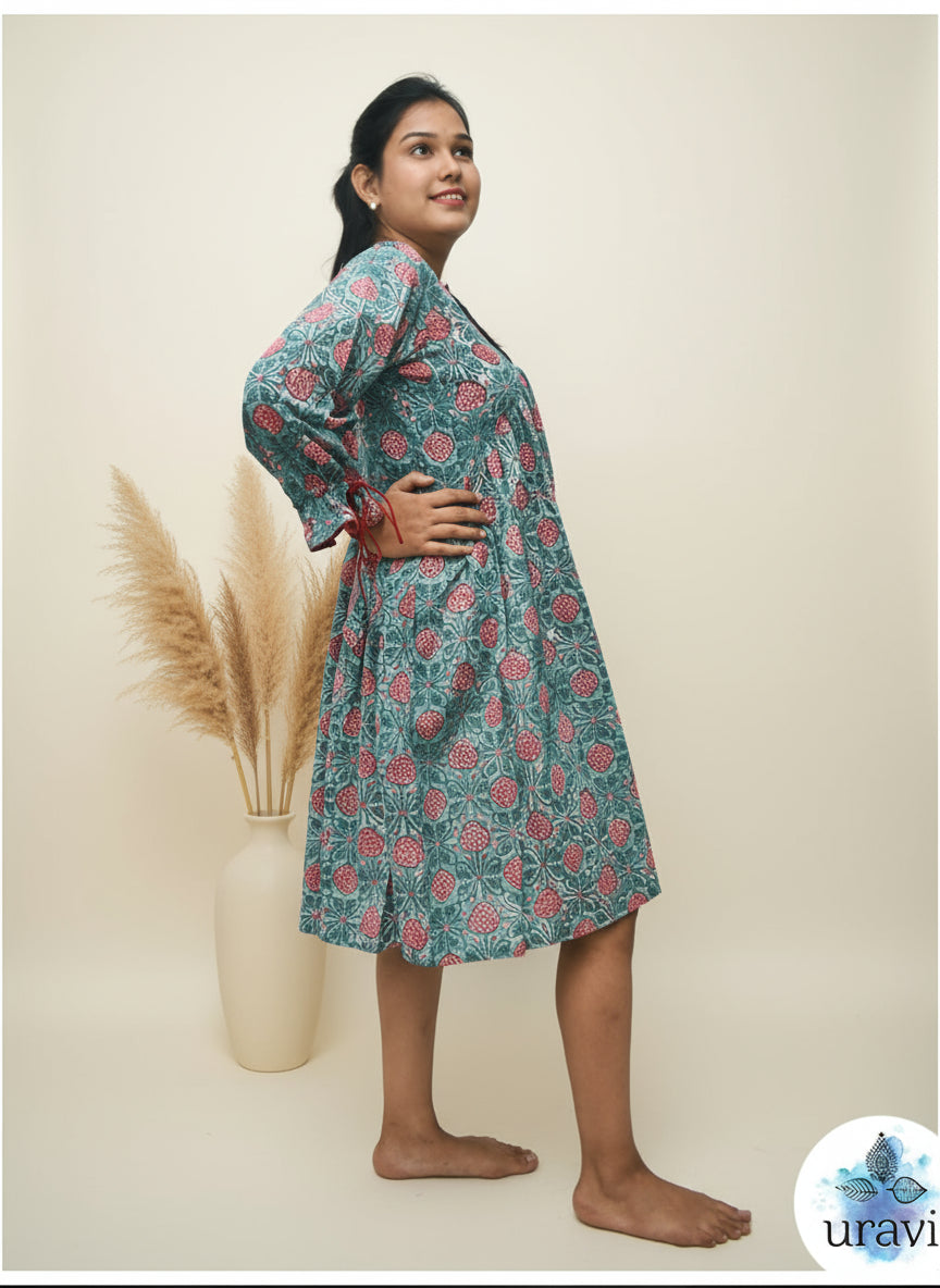 Pushpika – Teal Floral Handblock Pleated Dress