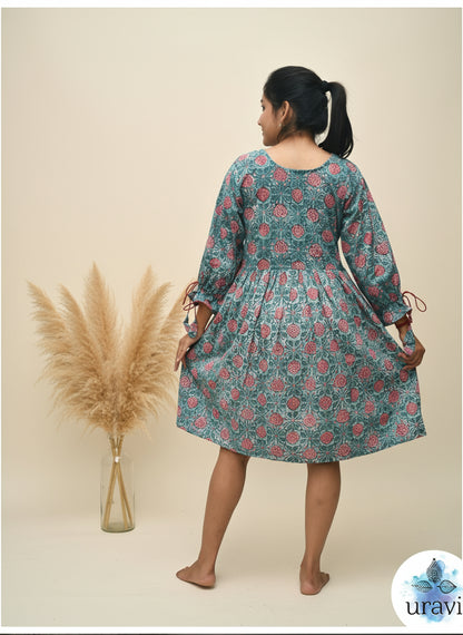 Pushpika – Teal Floral Handblock Pleated Dress