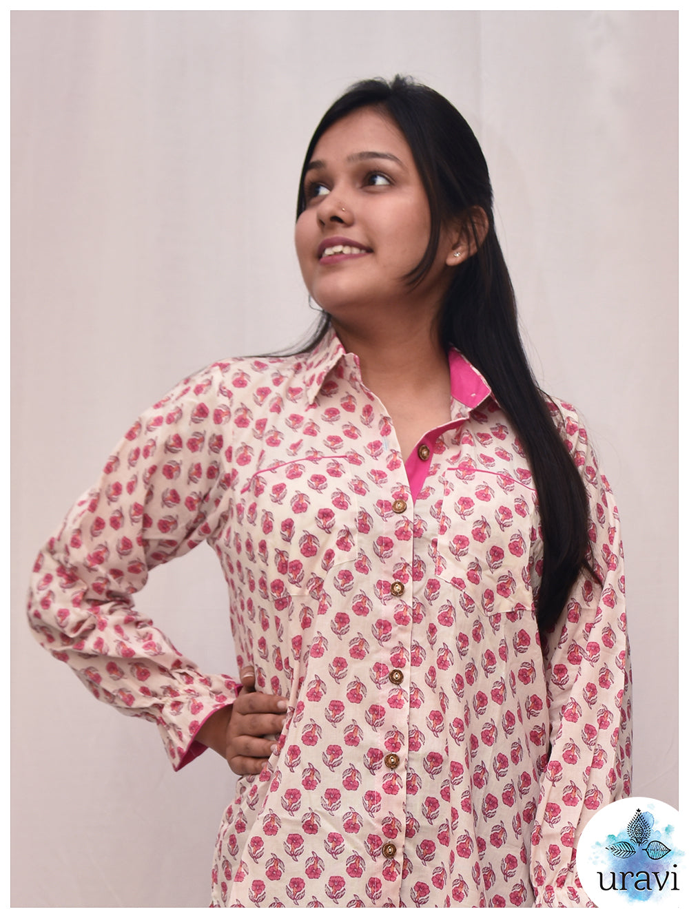 Gulika – Pink Floral Handblock Shirt with Contrast Cuffs