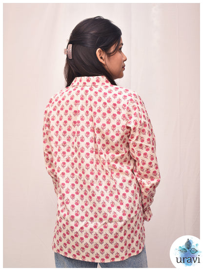 Gulika – Pink Floral Handblock Shirt with Contrast Cuffs