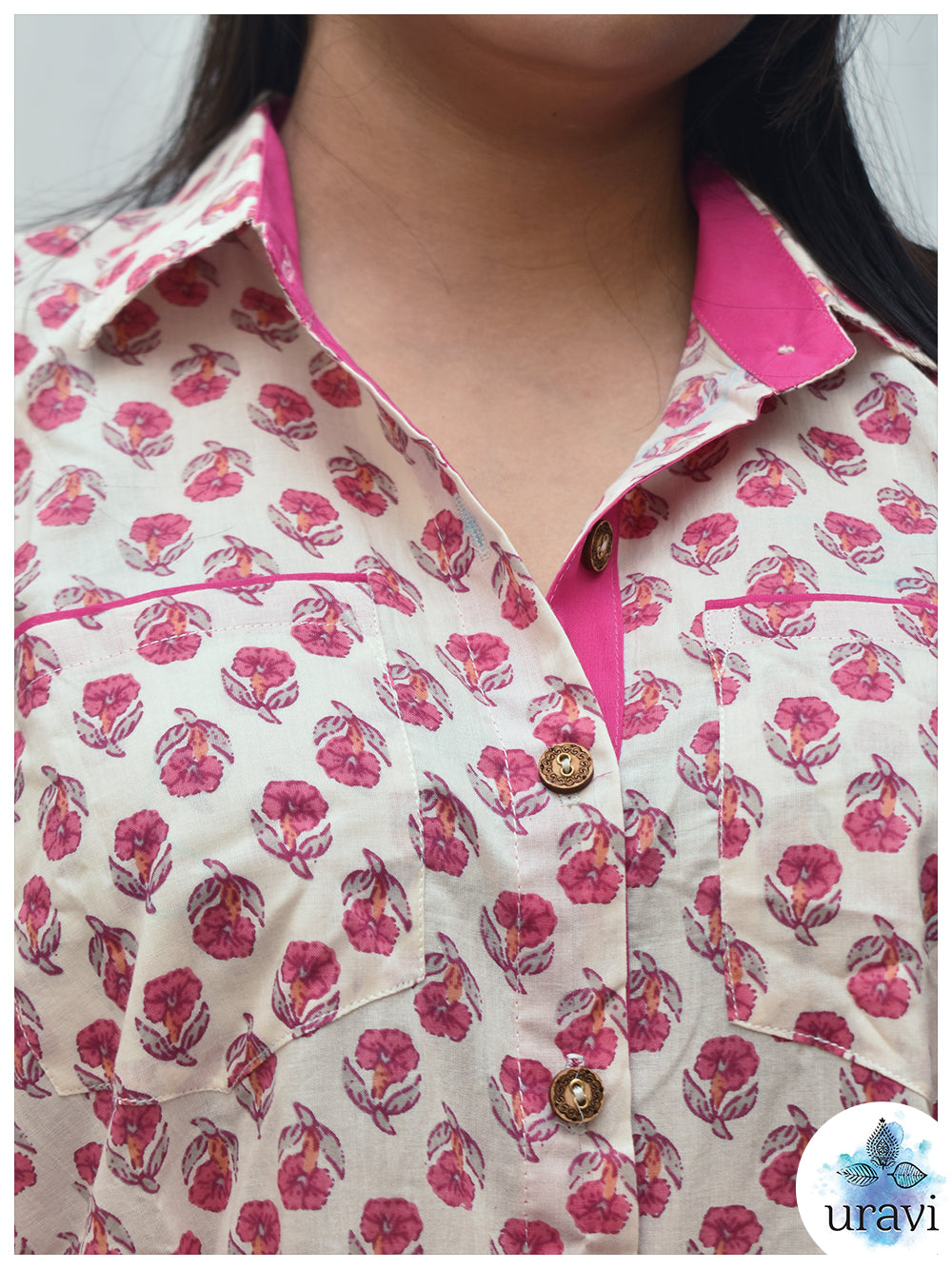 Gulika – Pink Floral Handblock Shirt with Contrast Cuffs