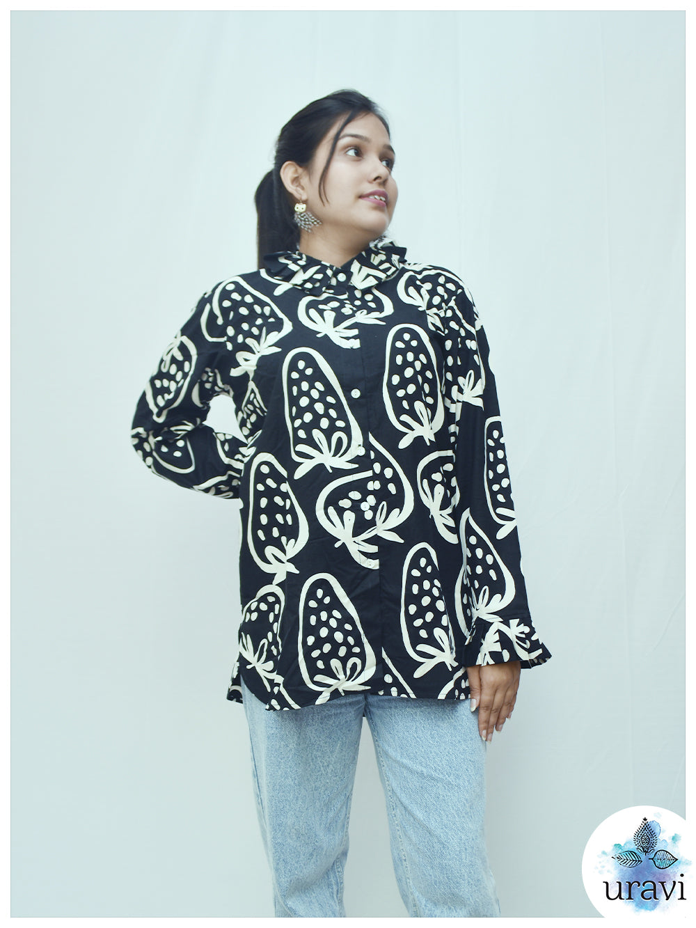 🩷 BlushBerry – Black Handblock Shirt with Ruffle Collar & Pleated Cuffs