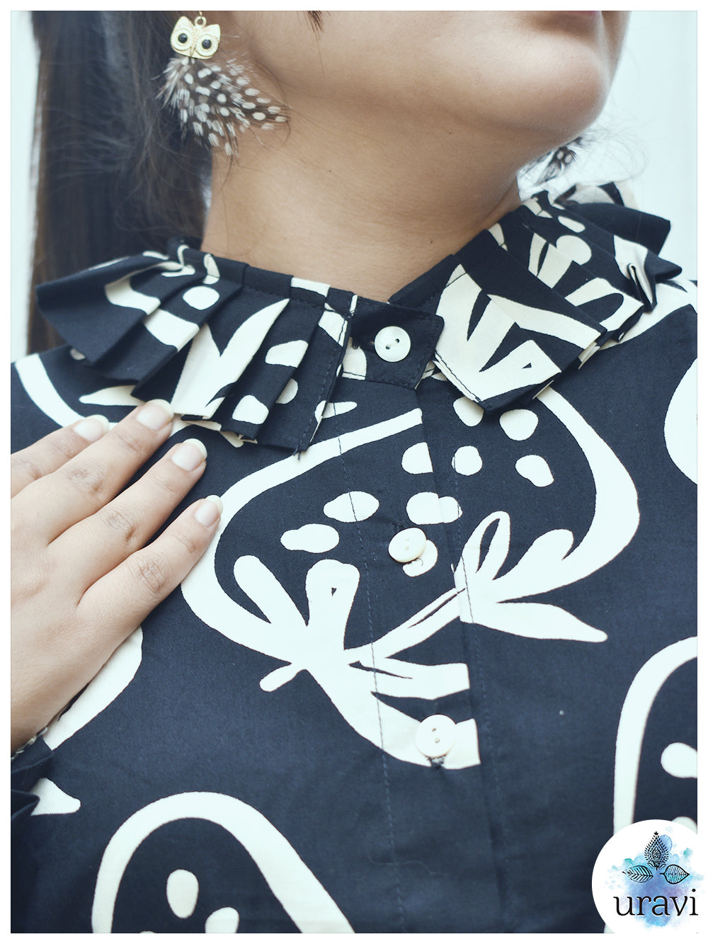 🩷 BlushBerry – Black Handblock Shirt with Ruffle Collar & Pleated Cuffs