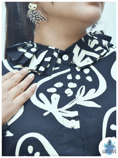 🩷 BlushBerry – Black Handblock Shirt with Ruffle Collar & Pleated Cuffs