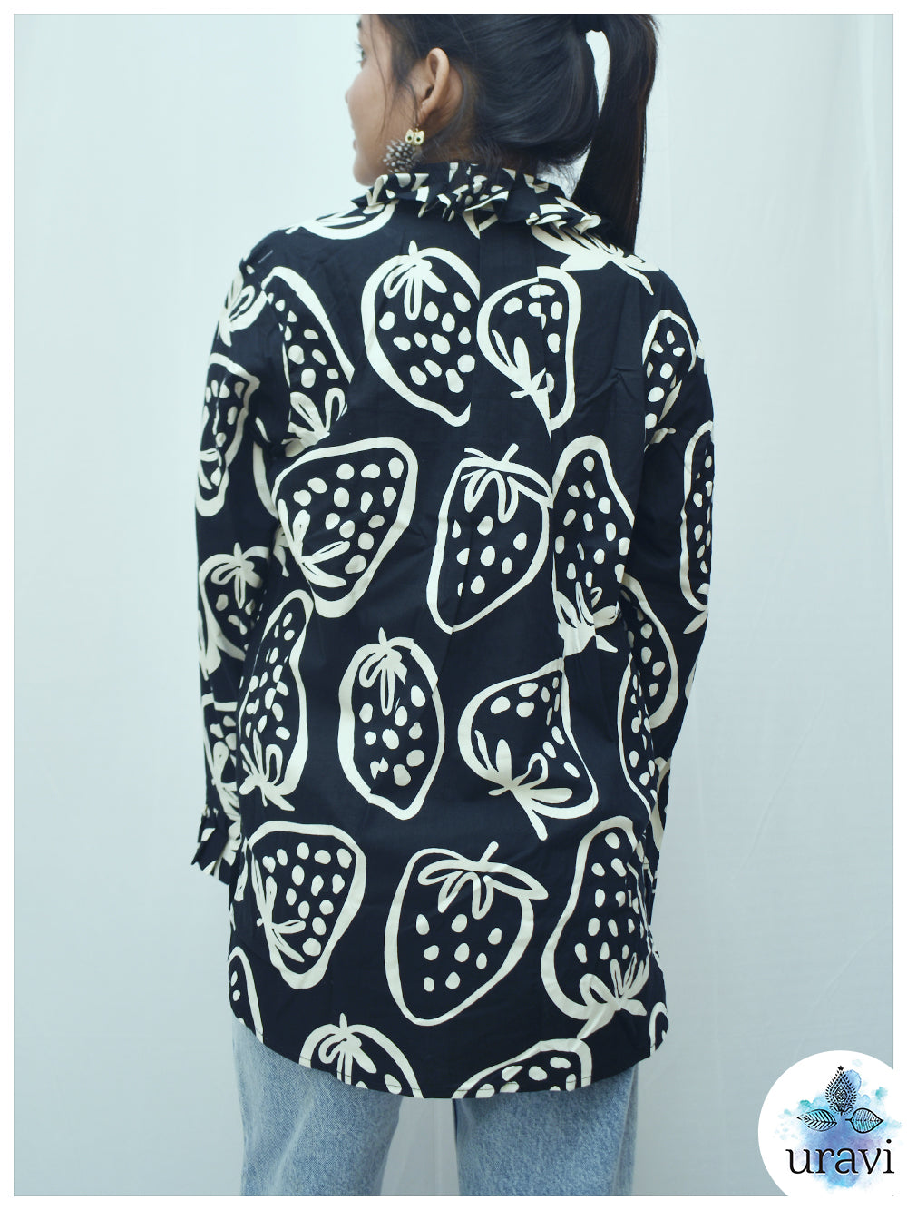 🩷 BlushBerry – Black Handblock Shirt with Ruffle Collar & Pleated Cuffs