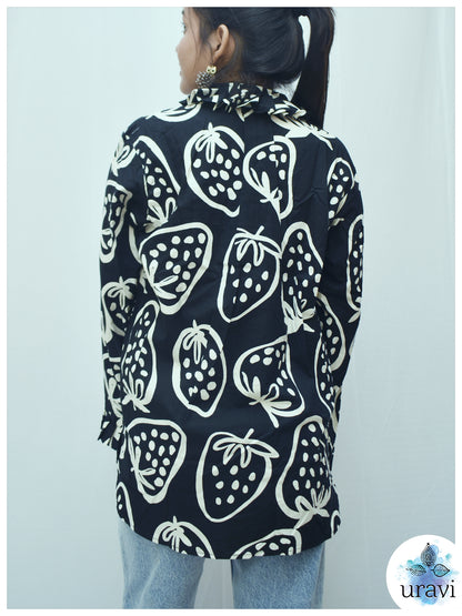 🩷 BlushBerry – Black Handblock Shirt with Ruffle Collar & Pleated Cuffs