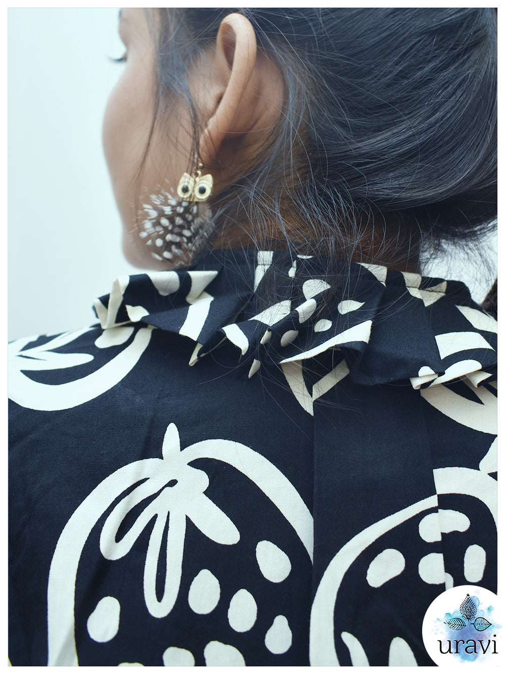 🩷 BlushBerry – Black Handblock Shirt with Ruffle Collar & Pleated Cuffs