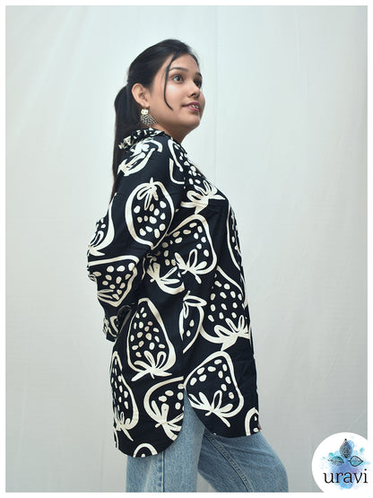 🩷 BlushBerry – Black Handblock Shirt with Ruffle Collar & Pleated Cuffs