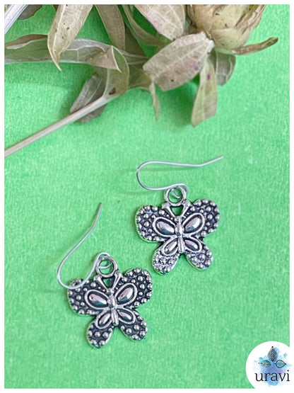 Flowery Butterfly - Silver Oxidized Small Dangler Earrings