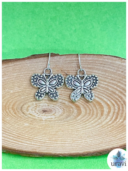 Flowery Butterfly - Silver Oxidized Small Dangler Earrings