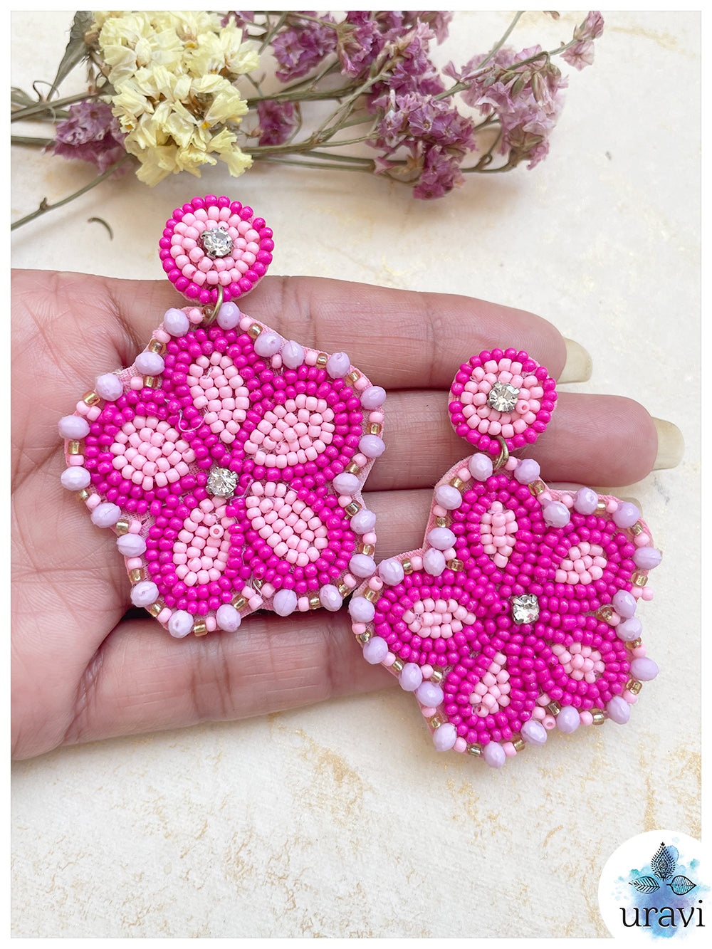Pink Pushpa Beaded Handmade Earrings