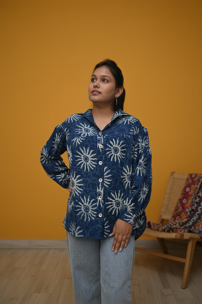 Neel Tara – Indigo Dabu Shirt with Sun Motif & Seashell Buttons