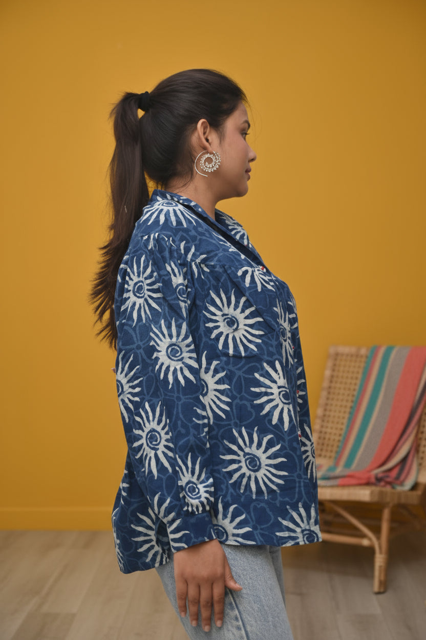 Neel Tara – Indigo Dabu Shirt with Sun Motif & Seashell Buttons