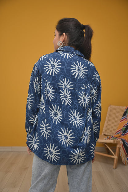 Neel Tara – Indigo Dabu Shirt with Sun Motif & Seashell Buttons