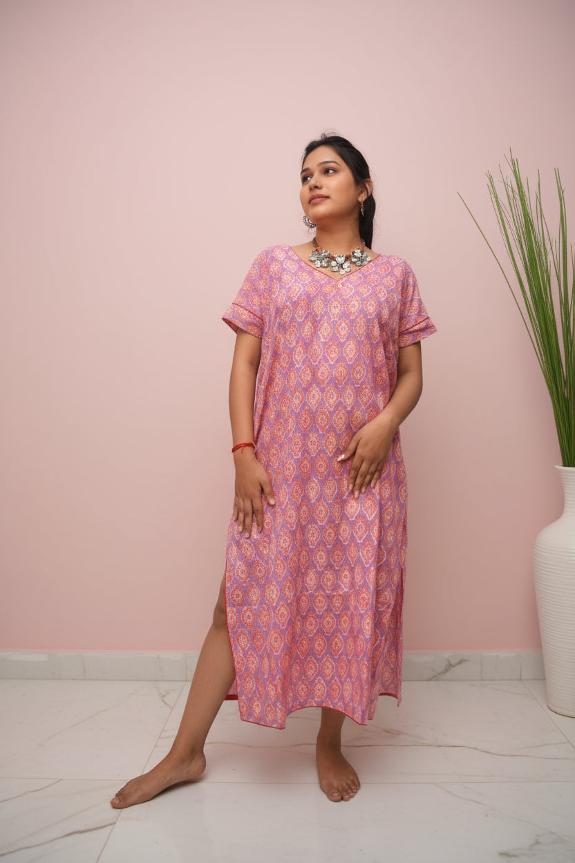 Gulaabi Raag – Sanganeri Kaftan Kurta in Kanta Cotton with Sea Shell Buttons